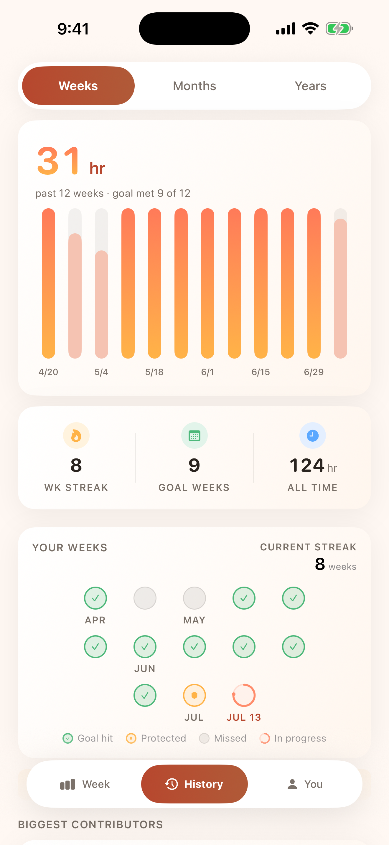 Base history screen with weekly streaks and protectors