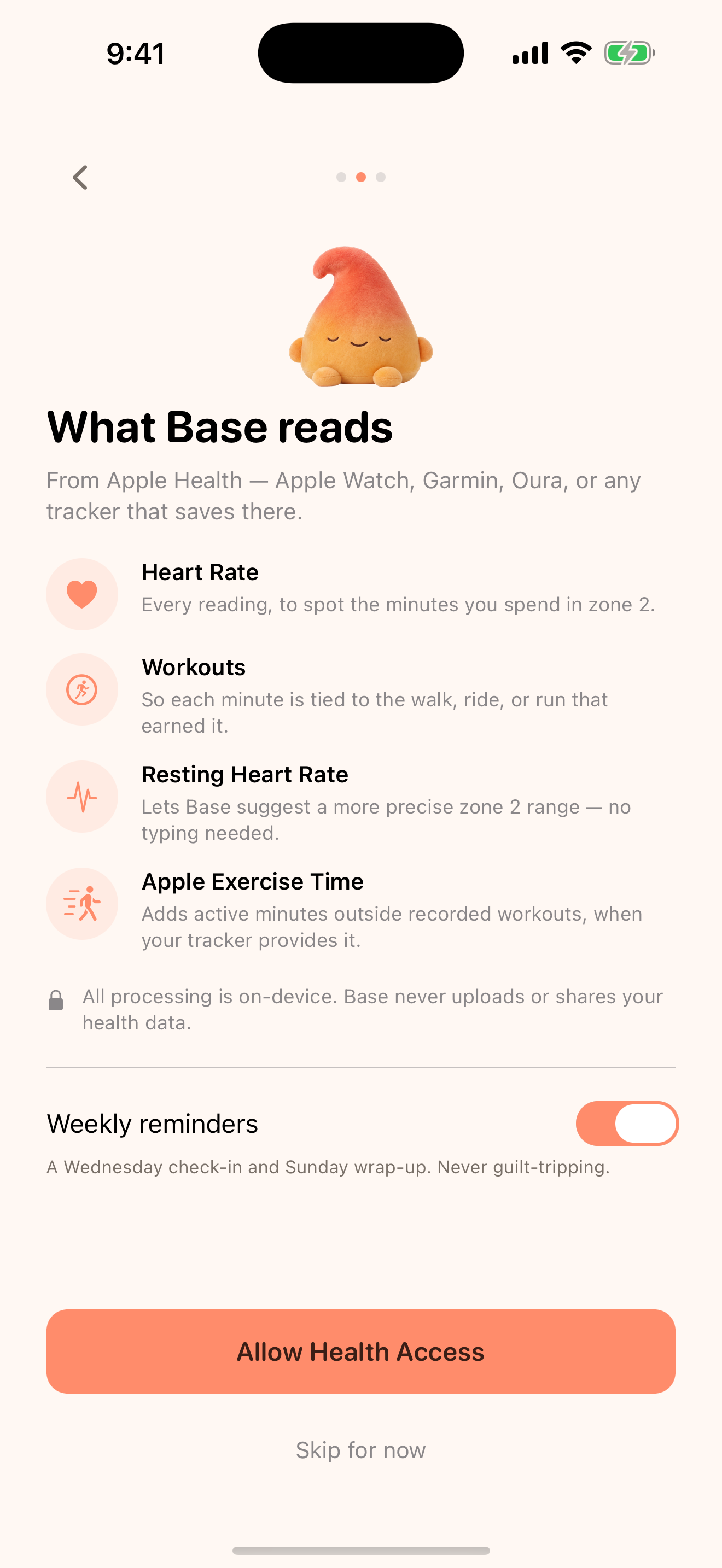 Base trust screen explaining on-device health data
