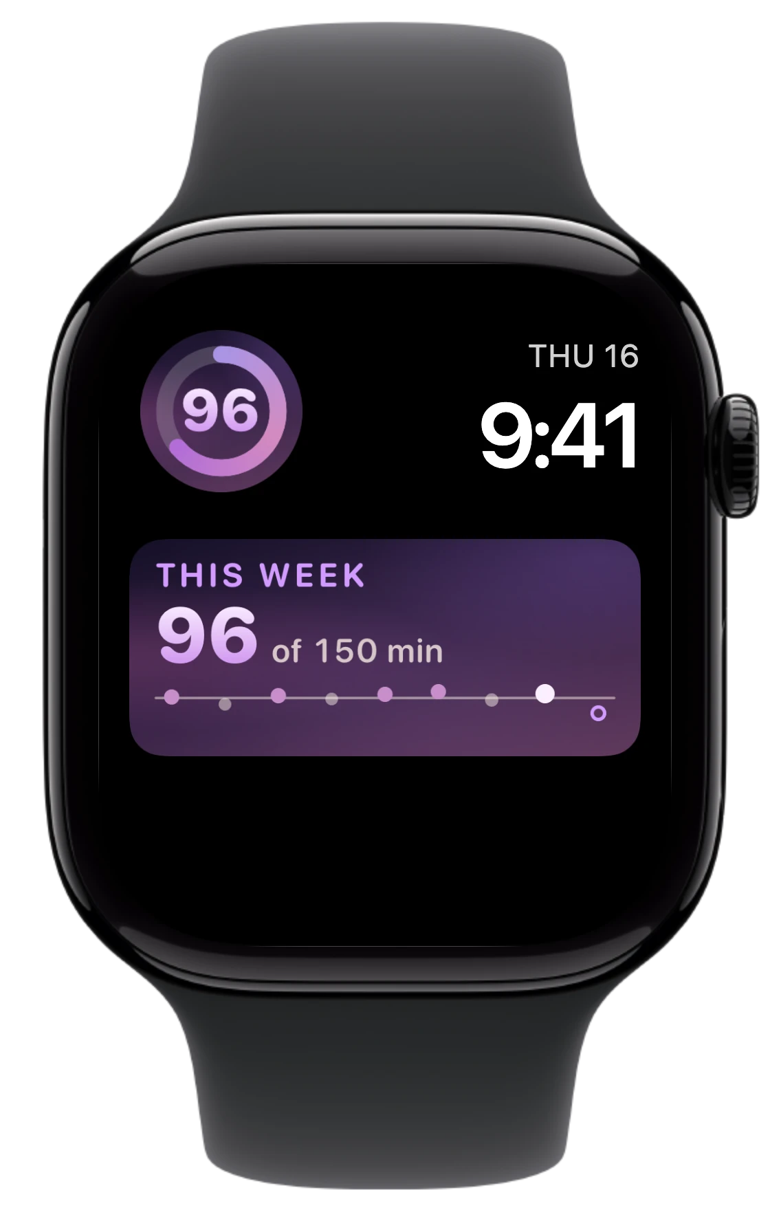 Base's round and wide watch complications on an illustrative Apple Watch face, showing 96 of 150 weekly minutes and the last eight weeks